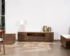 Meuble TV 180 cm en bois recyclé et plateau marbre blanc 