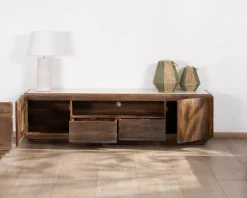 Meuble TV 180 cm en bois recyclé et plateau marbre blanc 