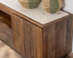 Meuble TV 180 cm en bois recyclé et plateau marbre blanc 