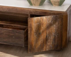 Meuble TV 180 cm en bois recyclé et plateau marbre blanc 