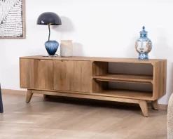 Meuble TV 170 cm en manguier massif style scandinave "Elyka" avec double porte et niches