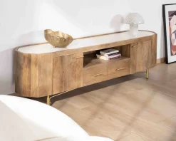 Meuble TV 180 cm rétro-chic avec plateau en terrazzo blanc "Bruges"