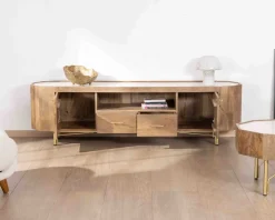 Meuble TV 180 cm rétro-chic avec plateau en terrazzo blanc 