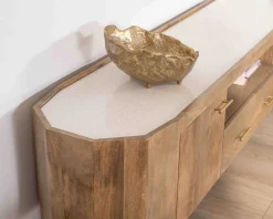 Meuble TV 180 cm rétro-chic avec plateau en terrazzo blanc 
