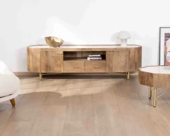 Meuble TV 180 cm rétro-chic avec plateau en terrazzo blanc 