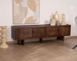 Meuble TV bas 4 portes 180 cm en manguier massif "Odessa" teinte noyer