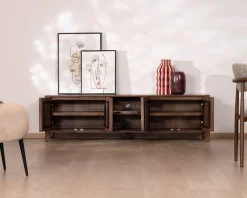 Meuble TV bas esprit zen en manguier massif teinte noyer 180 cm « Sicora »