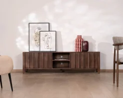 Meuble TV bas esprit zen en manguier massif teinte noyer 180 cm « Sicora »