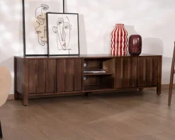 Meuble TV bas esprit zen en manguier massif teinte noyer 180 cm « Sicora »