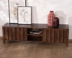Meuble TV bas esprit zen en manguier massif teinte noyer 180 cm « Sicora »