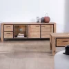 Meuble TV 180cm acacia massif avec niche éclairage LED et étagère verre "Fantaisie"
