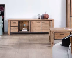 Meuble TV 180cm acacia massif avec niche éclairage LED et étagère verre "Fantaisie"