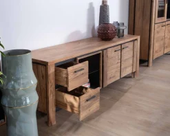 Meuble TV 180cm acacia massif avec niche éclairage LED et étagère verre "Fantaisie"