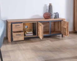 Meuble TV 180cm acacia massif avec niche éclairage LED et étagère verre 