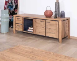 Meuble TV 180cm acacia massif avec niche éclairage LED et étagère verre 