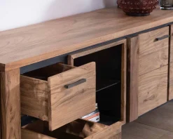 Meuble TV 180cm acacia massif avec niche éclairage LED et étagère verre 