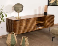 Meuble TV 160cm en teck et manguier et pieds métal noir 