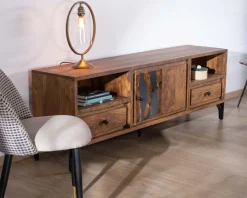 Meuble TV 175cm ethnique acacia massif pieds métal noir "Membatu"