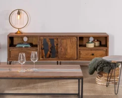 Meuble TV 175cm ethnique acacia massif pieds métal noir "Membatu"