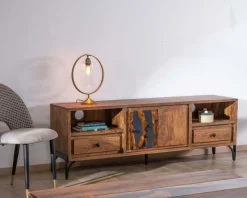 Meuble TV 175cm ethnique acacia massif pieds métal noir 