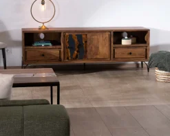 Meuble TV 175cm ethnique acacia massif pieds métal noir 