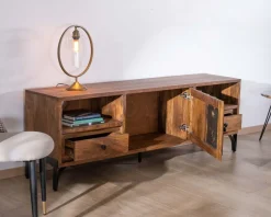 Meuble TV 175cm ethnique acacia massif pieds métal noir 