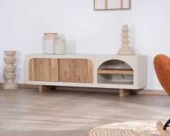 Meuble TV contemporain aspect béton sablé et acacia "Miona"
