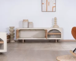 Meuble TV contemporain aspect béton sablé et acacia 