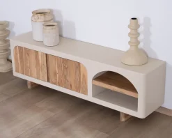 Meuble TV contemporain aspect béton sablé et acacia 