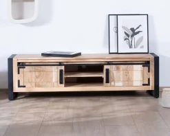 Meuble TV industriel 180 cm bois et métal 2 portes 2 niches "Montréal"