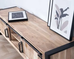 Meuble TV industriel 180 cm bois et métal 2 portes 2 niches 