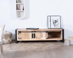 Meuble TV industriel 180 cm bois et métal 2 portes 2 niches 
