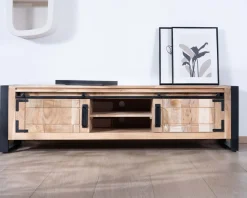 Meuble TV industriel 180 cm bois et métal 2 portes 2 niches 