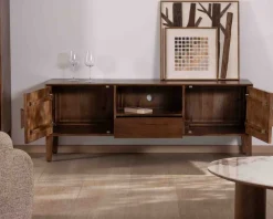 Meuble TV néo-rétro en manguier massif foncé 150 cm 