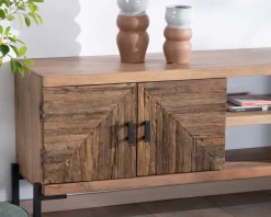 Meuble TV style ethnique acacia massif et pieds métal "Géonidum" 160cm 3 portes et 2 niches