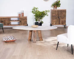 Meuble TV style ethnique acacia massif et pieds métal "Géonidum" 160cm 3 portes et 2 niches
