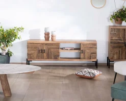 Meuble TV style ethnique acacia massif et pieds métal 