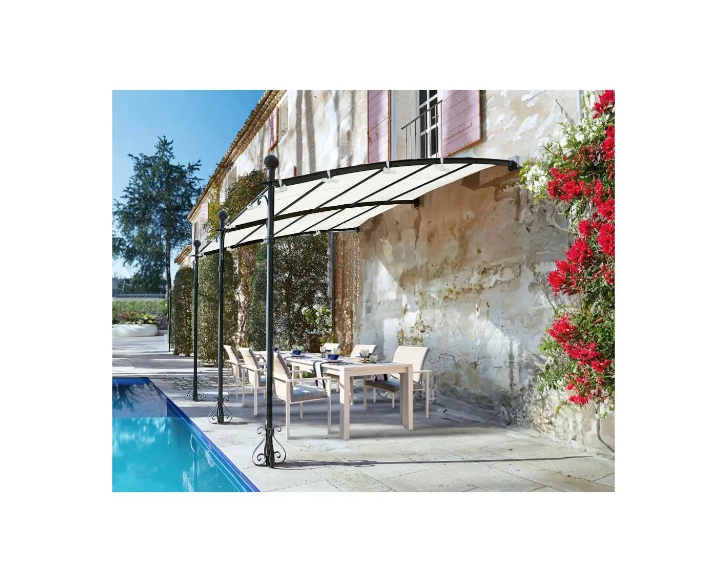Pergola murale 3 pieds en métal et toit arrondi "Gardénia" 3m60 x 3m