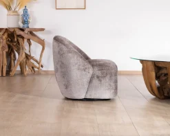 Petit fauteuil pivotant esprit chauffeuse contemporaine en tissu bouclette gris cendré 