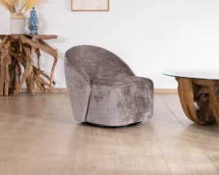 Petit fauteuil pivotant esprit chauffeuse contemporaine en tissu bouclette gris cendré 
