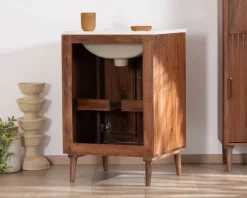 Petit meuble sous vasque en manguier foncé 