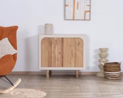 Petit rangement design en acacia naturel et finition aspect béton sablé 