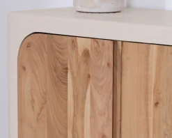 Petit rangement design en acacia naturel et finition aspect béton sablé 