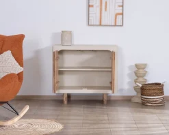 Petit rangement design en acacia naturel et finition aspect béton sablé 