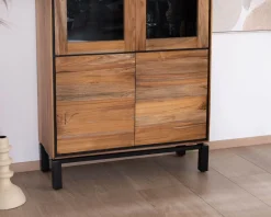 Petit vaisselier vitré esprit contemporain "Olonie" en teck naturel, acacia et métal noir