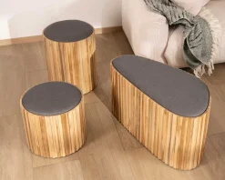 Petite banquette en bois de teck recyclé et tissu gris 