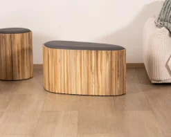 Petite banquette en bois de teck recyclé et tissu gris 