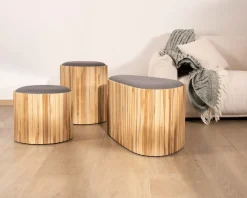 Petite banquette en bois de teck recyclé et tissu gris 