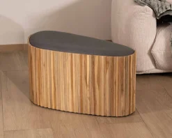 Petite banquette en bois de teck recyclé et tissu gris 