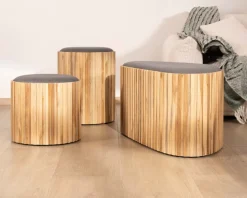 Petite banquette en bois de teck recyclé et tissu gris 